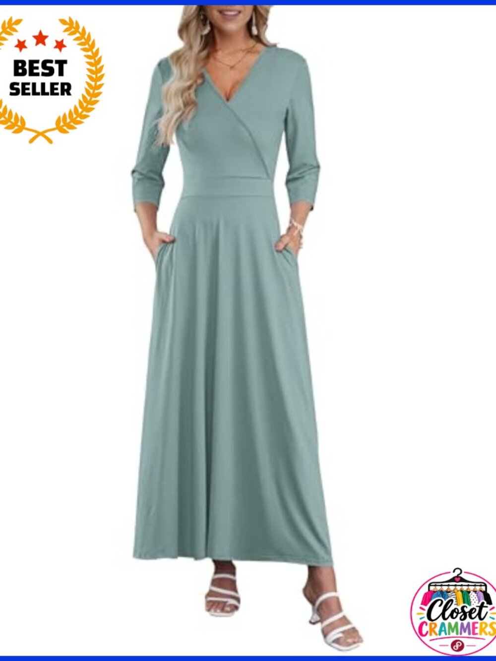 Women's 3/4 Sleeve V Neck Wrap Maxi Dress with Pockets